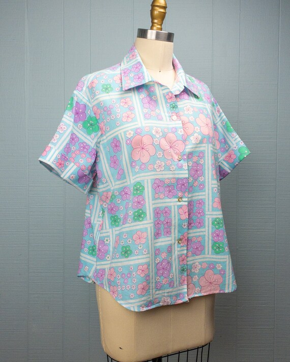 60's Blue Blossom Shirt | L | Floral Green Pink P… - image 3