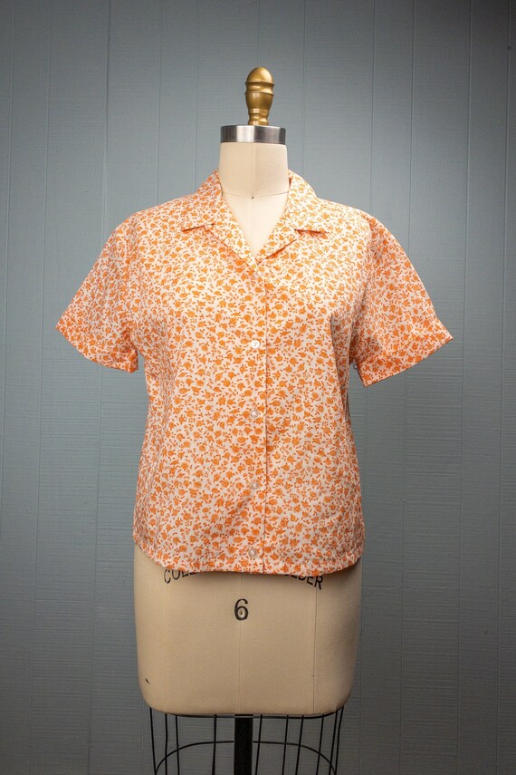 60's Orange Ditsy Floral Loop Collar Button Up Sh… - image 2