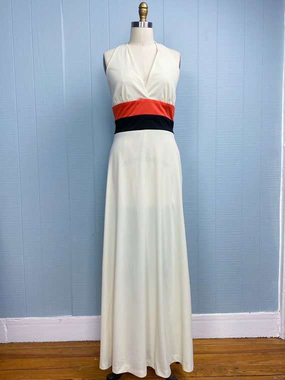 70s Cream Maxi Halter Dress | M | Colorblock Plun… - image 7