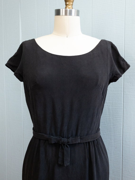 50's 60's Black Silky Wiggle Dress | S - image 6
