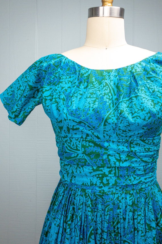 50s 60s Blue Green Toile Vine Dress | XXS/XS - image 4