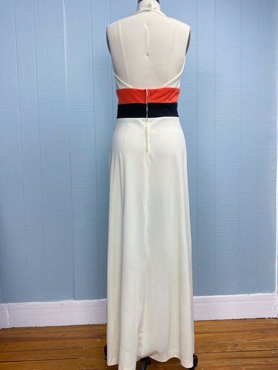 70s Cream Maxi Halter Dress | M | Colorblock Plun… - image 8