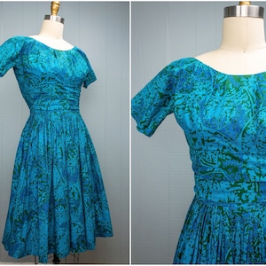50s 60s Blue Green Toile Vine Dress | XXS/XS