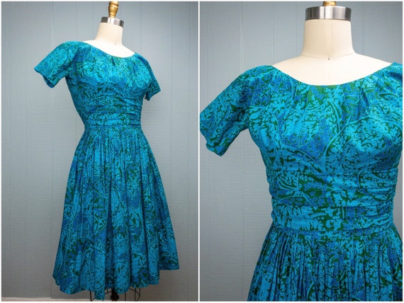 50s 60s Blue Green Toile Vine Dress | XXS/XS - image 1