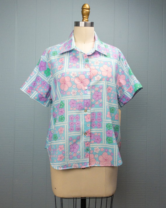 60's Blue Blossom Shirt | L | Floral Green Pink P… - image 2
