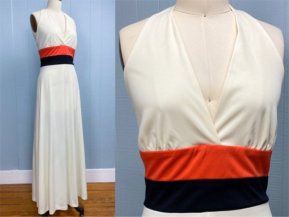 70s Cream Maxi Halter Dress | M | Colorblock Plun… - image 1