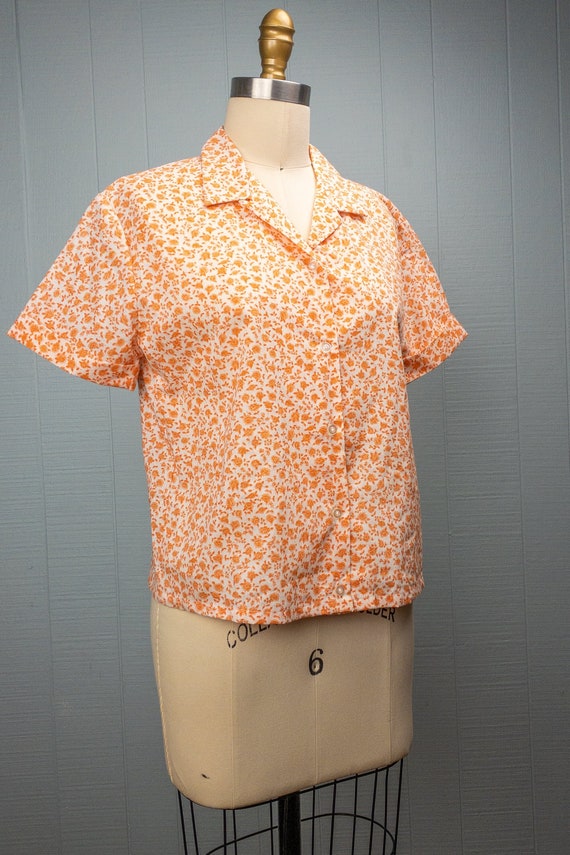 60's Orange Ditsy Floral Loop Collar Button Up Sh… - image 4