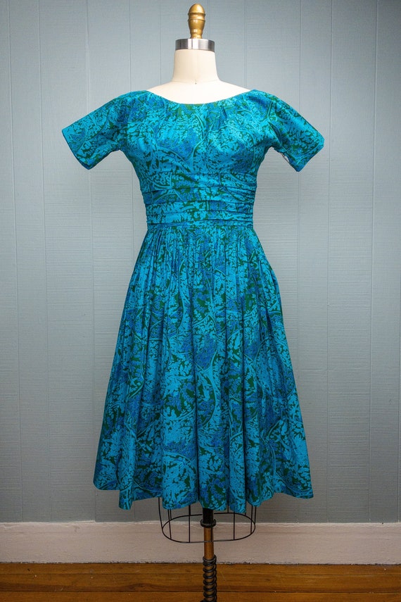 50s 60s Blue Green Toile Vine Dress | XXS/XS - image 2