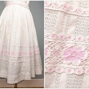 50s 60s White & Pink Eyelet Skirt | 23&quot;