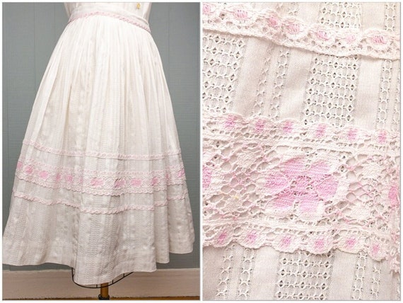 50s 60s White & Pink Eyelet Skirt | 23" - image 1