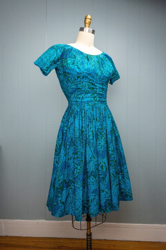 50s 60s Blue Green Toile Vine Dress | XXS/XS - image 3