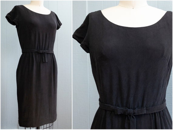 50's 60's Black Silky Wiggle Dress | S - image 1