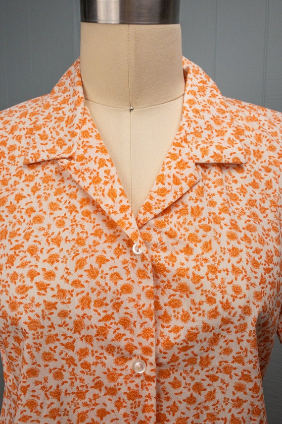 60's Orange Ditsy Floral Loop Collar Button Up Sh… - image 3