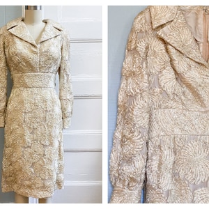 VINTAGE 60&#39;s Cream Gold Beaded Sequin Iridescent Coat Dress Wedding Christmas NYE Cocktail Long Sleeve, M/L