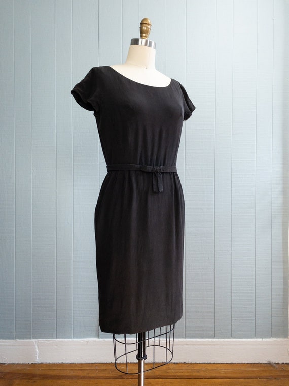 50's 60's Black Silky Wiggle Dress | S - image 4