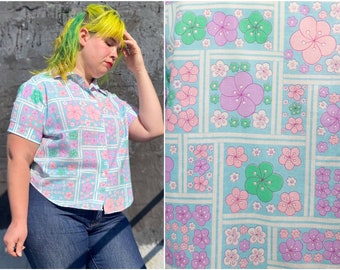 60's Blue Blossom Shirt | L | Floral Green Pink Purple Button Blouse Short Sleeve