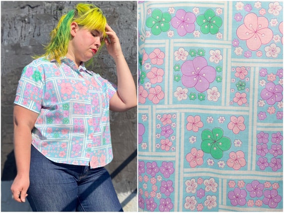 60's Blue Blossom Shirt | L | Floral Green Pink P… - image 1