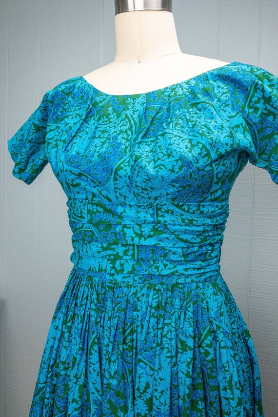 50s 60s Blue Green Toile Vine Dress | XXS/XS - image 5