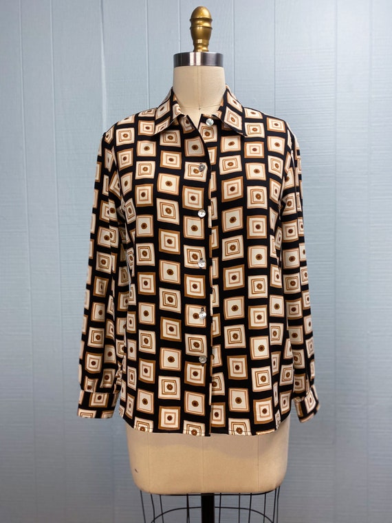 80s 90s Black Brown White Geo Floral Blouse | M - image 2