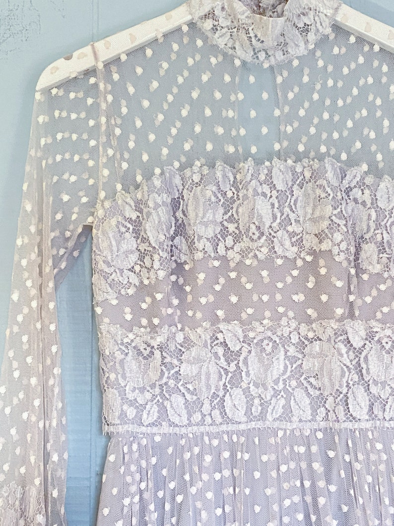 Vintage Dusty Dove Grey White Long Sleeve Maxi Wedding Lace Dress Hippie Floral Dot Sheer Ethereal XSS