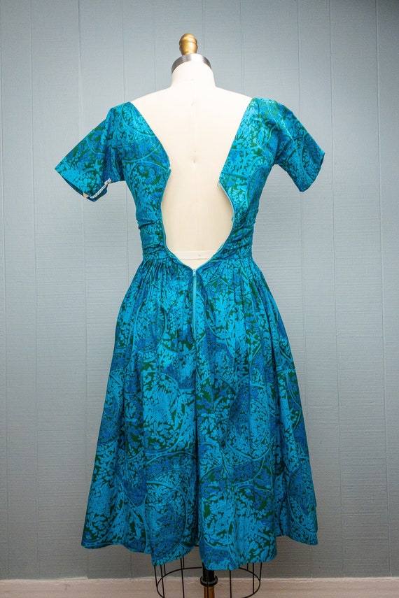 50s 60s Blue Green Toile Vine Dress | XXS/XS - image 6