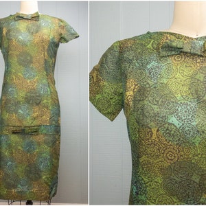 60s Green Printed Shift | XS/S | Jonathan Logan Lord & Taylor Watteau Back Drop Waist