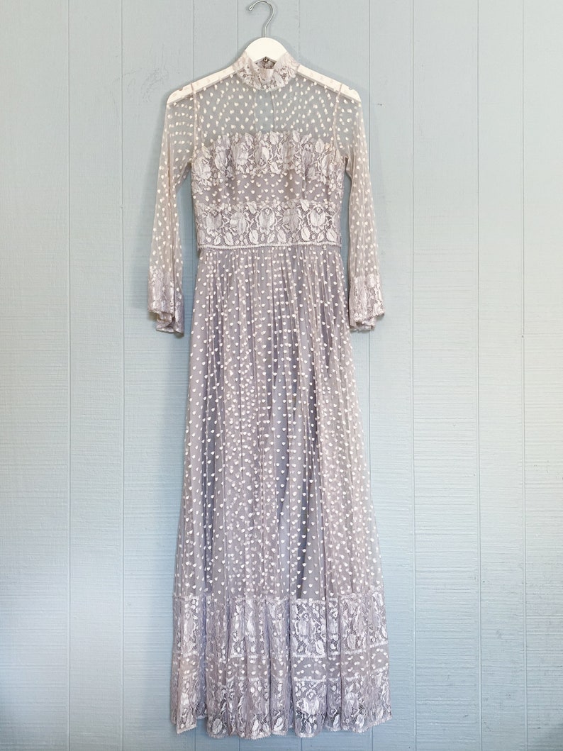 Vintage Dusty Dove Grey White Long Sleeve Maxi Wedding Lace Dress Hippie Floral Dot Sheer Ethereal XSS