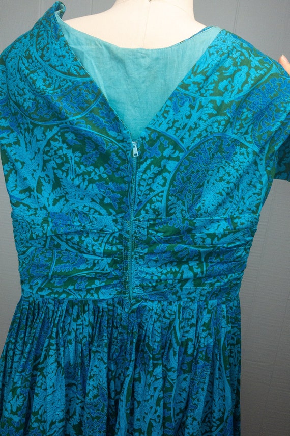 50s 60s Blue Green Toile Vine Dress | XXS/XS - image 9