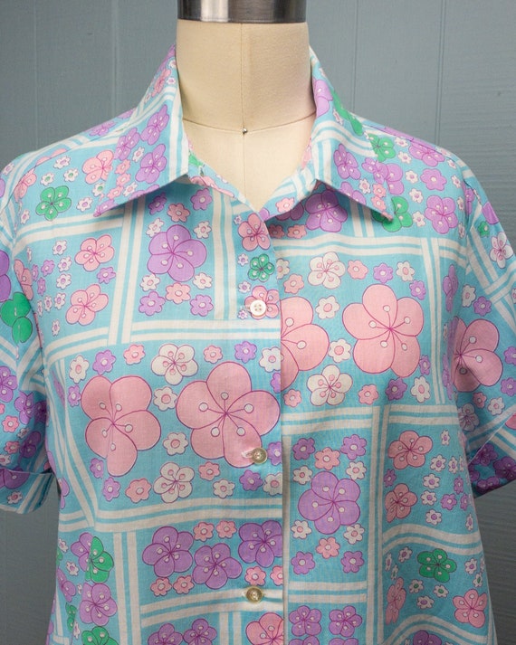 60's Blue Blossom Shirt | L | Floral Green Pink P… - image 7