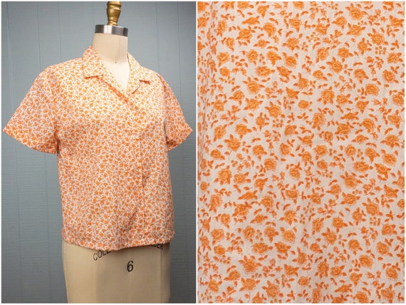 60's Orange Ditsy Floral Loop Collar Button Up Sh… - image 1