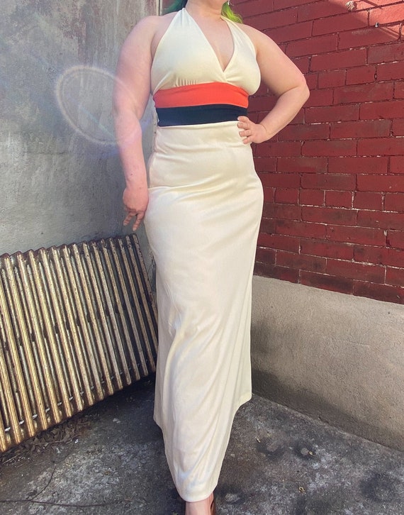 70s Cream Maxi Halter Dress | M | Colorblock Plun… - image 2