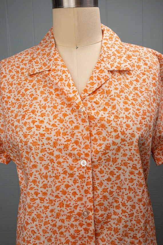 60's Orange Ditsy Floral Loop Collar Button Up Sh… - image 5