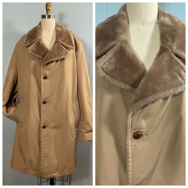 70's "Mighty Mac" Tan Single Breasted Winter Coat Faux Fur Revere Collar