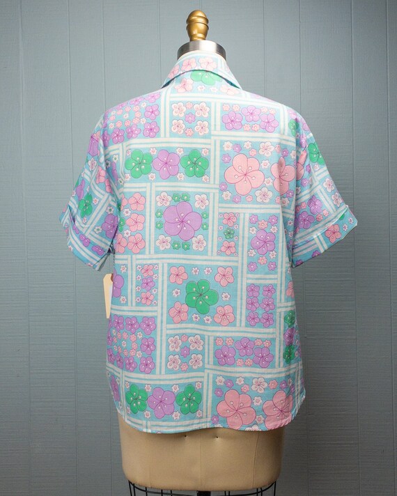 60's Blue Blossom Shirt | L | Floral Green Pink P… - image 8