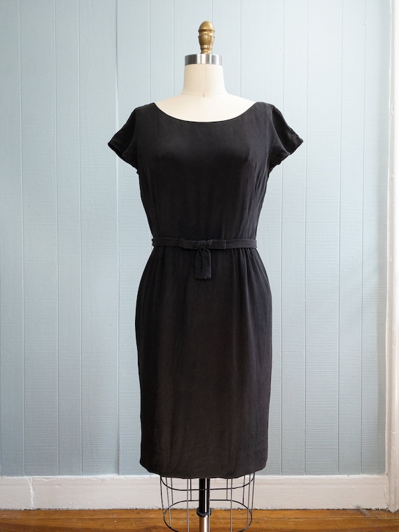 50's 60's Black Silky Wiggle Dress | S - image 2
