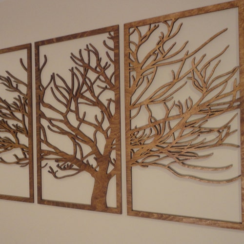 Silhouette d'arbre en contreplaqué de bouleau : 3 panneaux d'art mural en bois