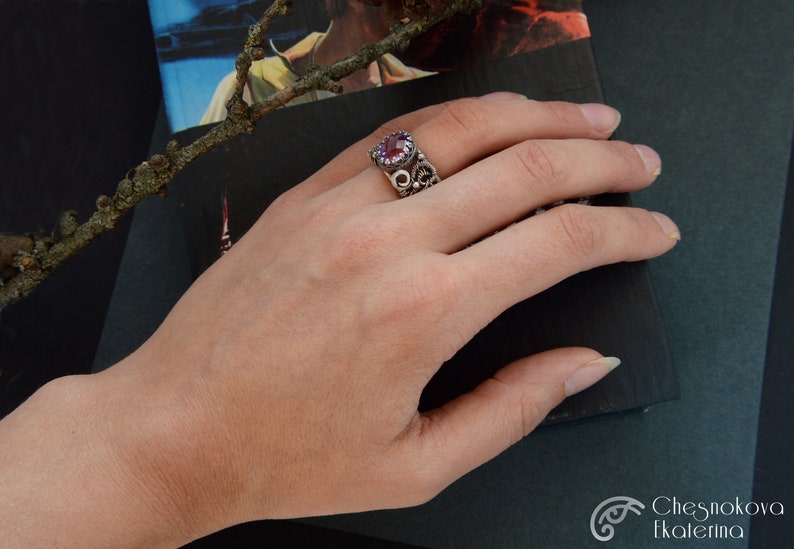 Amethyst Ring adjustable Silver Violaceous Gemstone Jewelry Wire Wrap OOAK Beauty Fantasy inspired gift for Elvish love
