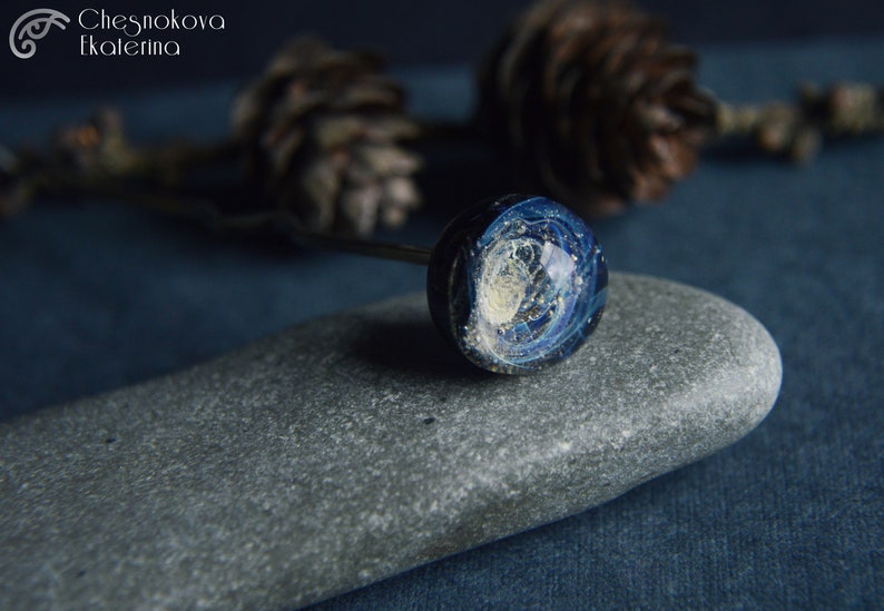Hairpin Galaxy Glass silver Hair Pin Exclusive Beauty wedding Lampwork sphere Fantasy Gift Jewelry OOAK