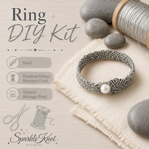 May include: A Ring DIY Kit featuring a silver glitter macramé cord and a natural baroque pearl. The kit includes a spool of premium glitter macramé cord, a finished ring with a pearl, and instructions labeled as hard. The text reads Ring DIY Kit.
