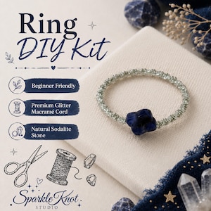 May include: A ring DIY kit featuring a circular band made of shimmering silver glitter macramé cord and a single dark blue, four-petaled natural sodalite stone. The text reads Ring DIY Kit, Beginner Friendly, Premium Glitter Macramé Cord, Natural Sodalite Stone, and Sparkle Knot Studio.