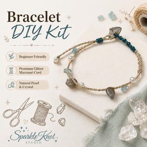 May include: A bracelet DIY kit featuring a finished bracelet made of tan glitter macramé cord, natural pearls, and crystals. The text reads Bracelet DIY Kit, Beginner Friendly, Premium Glitter Macramé Cord, Natural Pearl & Crystal, and Sparkle Knot Studio.