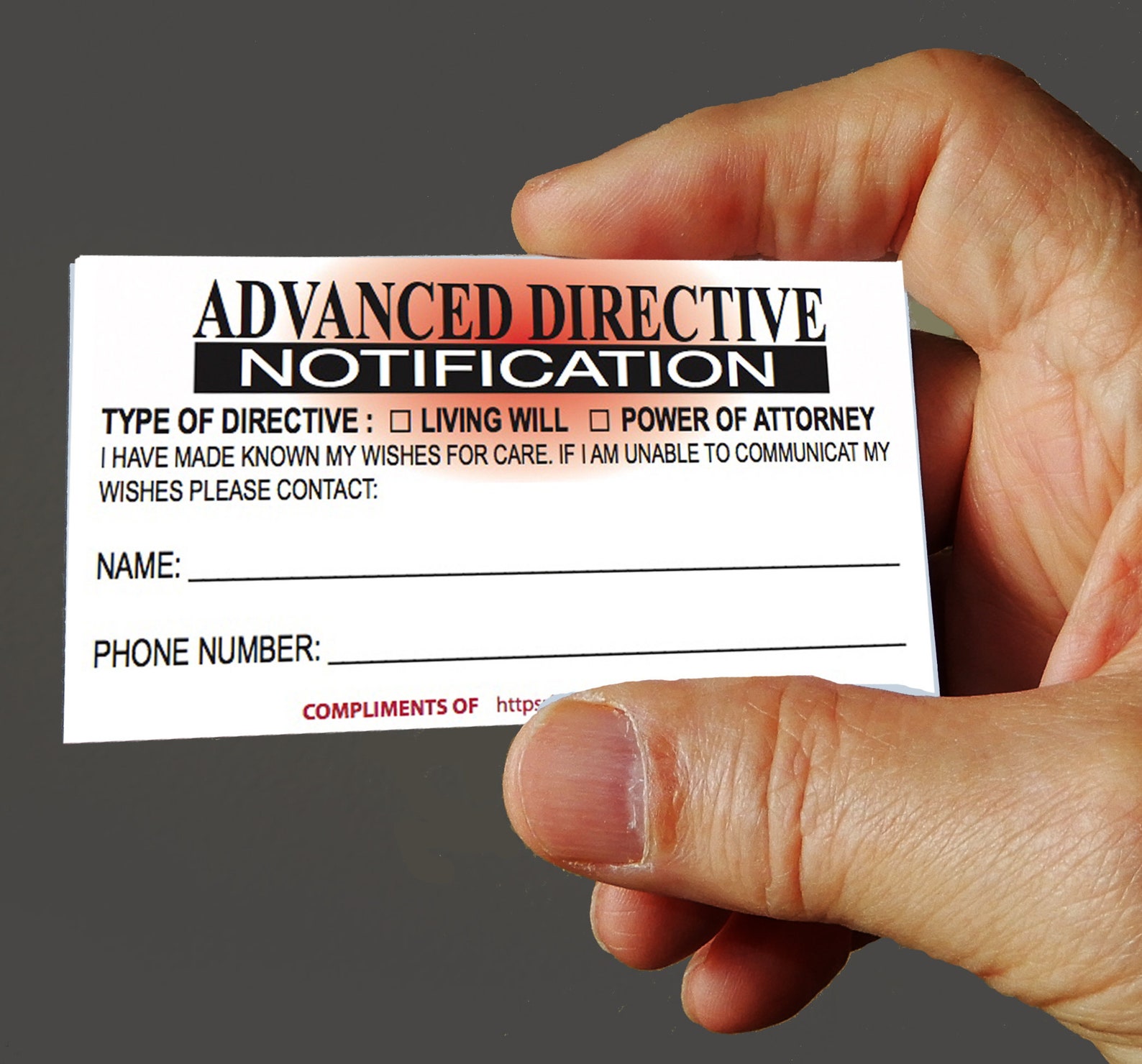 Emergency ID Wallet Card With Advance Directive Notice & Contacts and