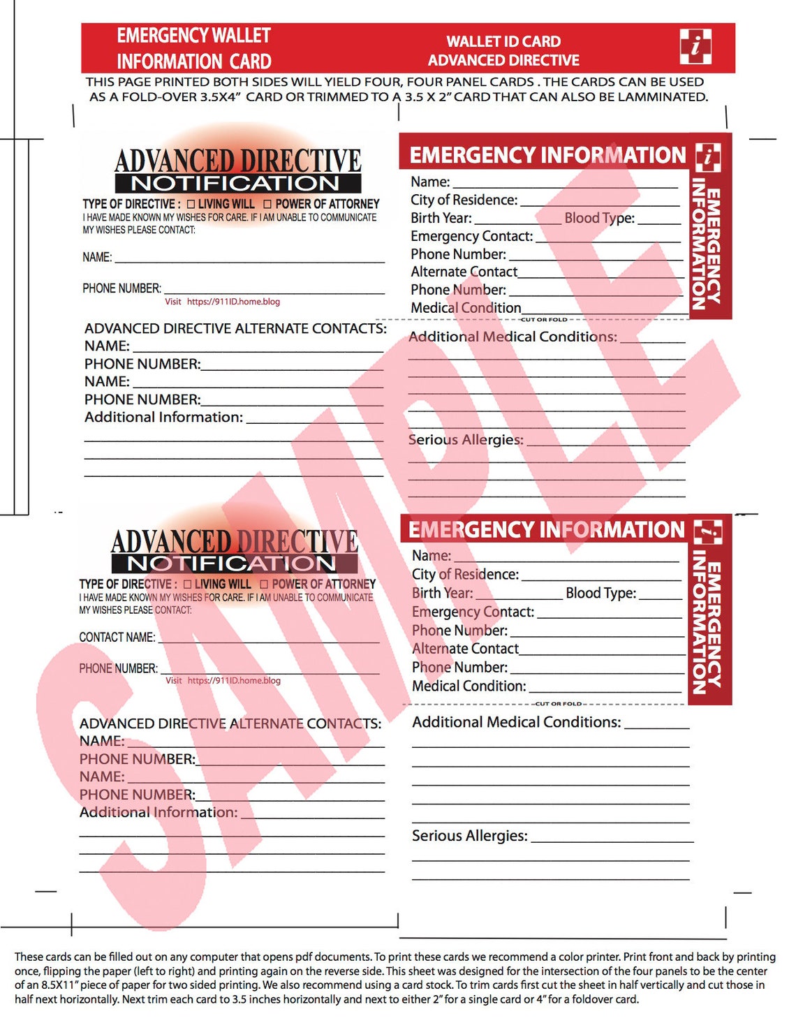 Advance Directive Emergency ID Wallet Card Emergency Contacts, Critical