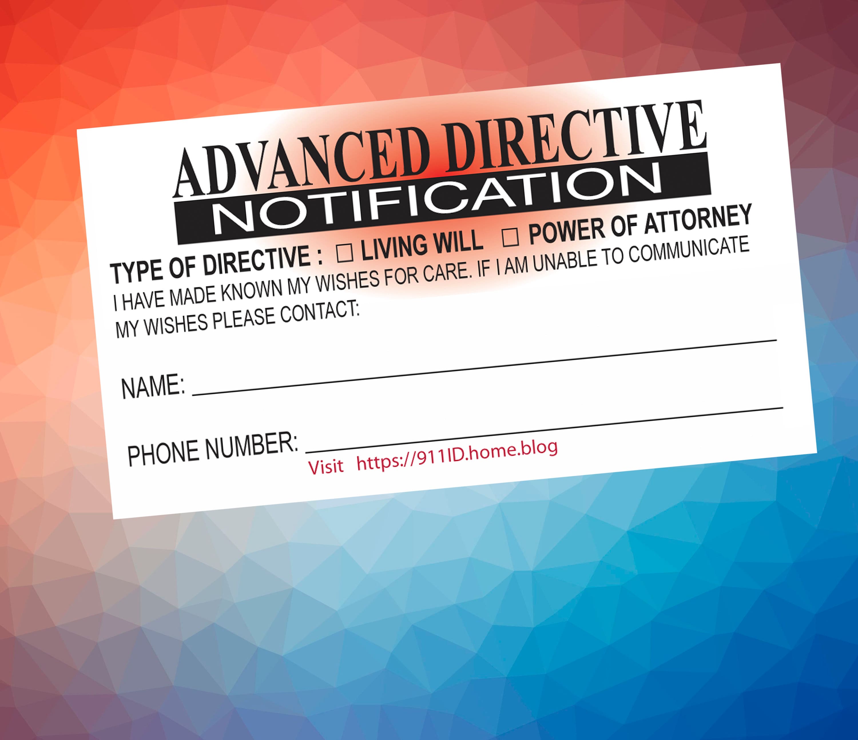 Advance Directive Emergency ID Wallet Card Emergency Contacts, Critical