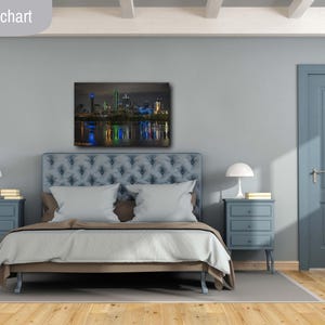 May include: A bedroom with a blue wall and a bed with a blue headboard. A cityscape canvas print hangs above the bed. The print shows a city skyline at night with lights reflecting in the water. Two nightstands with lamps are on either side of the bed.