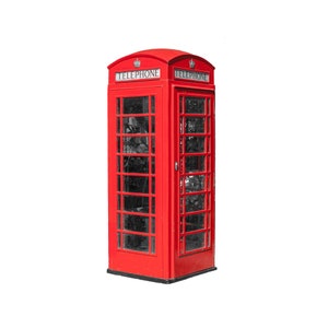 May include: A classic red telephone booth with the word "TELEPHONE" written on the front. The booth has a glass door and windows.