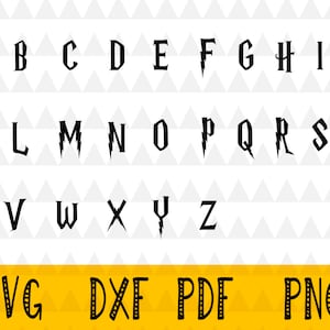 May include: A digital alphabet set featuring black uppercase letters from A to Z in a stylized font with lightning bolt accents. The bottom section displays the text SVG, DXF, PDF, and PNG in a bold, outlined font against a yellow background.