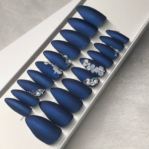 Matt Metallic Midnight Blue, 3D Flowers, Swarovski •Handmade Artificial Nails •Press on Nails •Wedding
