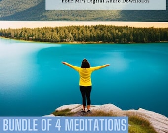 Peut inclure: Une femme se tient les bras tendus sur une falaise rocheuse surplombant un lac bleu et une forêt. Le texte "Mindful Mastery Meditation Bundle" et "Four MP3 Digital Audio Downloads" est en haut de l'image. Le texte "Bundle of 4 Meditations" est en bas de l'image.