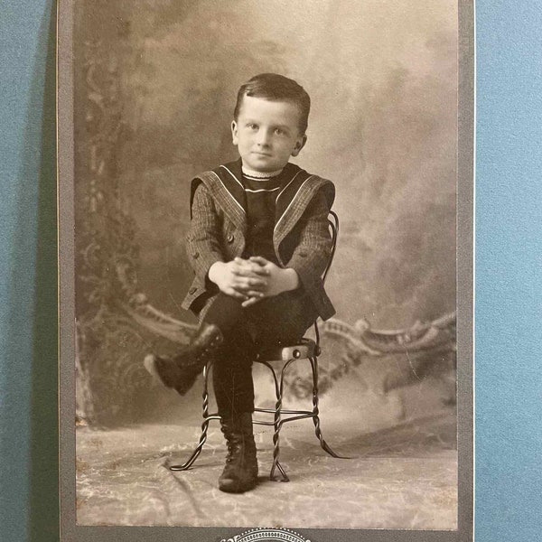 Funny little man looks ready to provide therapy. Large vintage original cabinet card photograph, Genelli Studio, Sioux City, Iowa